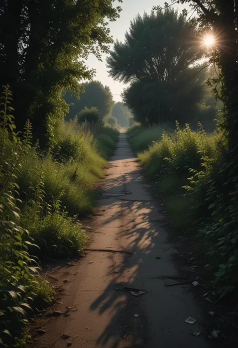 (medium full shot) of inside a eerie abandonned rural road, still, shadowy, overgrown plants, at evening, Masterpiece,best quality, photo, realistic, very aesthetic