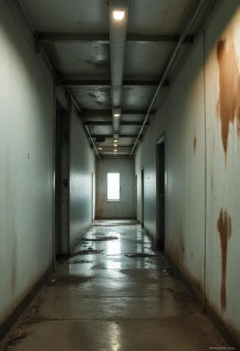 (medium full shot) of inside a ambiguous empty hallways, overcast, natural light filtering in, rusting metal, at dawn, ,Masterpiece,best quality, photo, realistic, very aesthetic