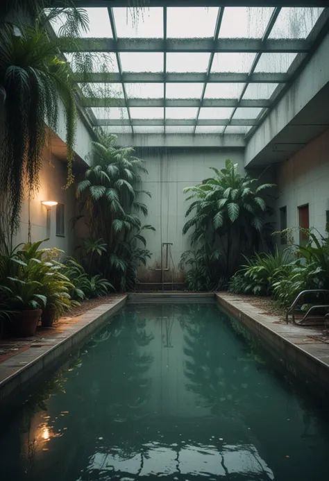 (medium full shot) of inside a unsettling empty swimming pool, rainy, flickering light, overgrown plants, at late afternoon, Masterpiece,best quality, photo, realistic, very aesthetic