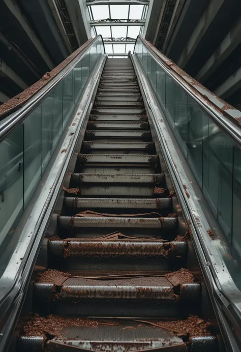 (medium full shot) of inside a unsettling abandonned broken escalator, overcast, natural light filtering in, rusting metal, at early morning, ,Masterpiece,best quality, raw photo, realistic, very aesthetic