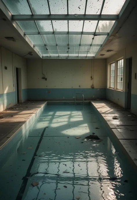 (medium full shot) of inside a nostalgic forgotten swimming pool, drizzly, shadowy, shattered glass, at late afternoon, Masterpiece,best quality, photo, realistic, very aesthetic