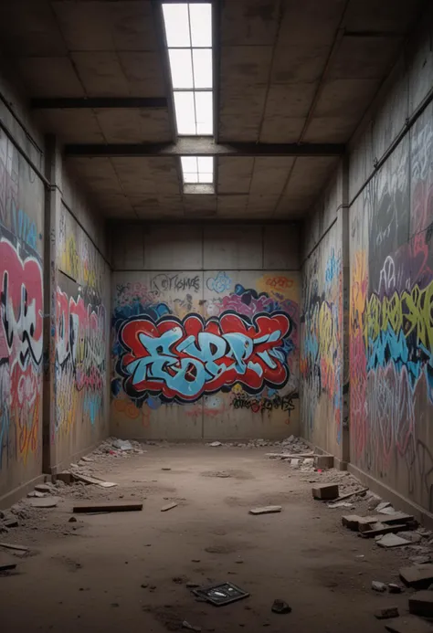 (medium full shot) of inside a nostalgic empty construction site, chilly, muted, graffiti-covered walls, at midnight, Masterpiece,best quality, photo, realistic, very aesthetic