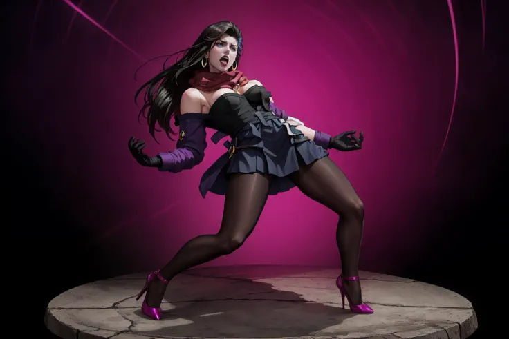 (high quality:1.1), cinematic lighting, extremely detailed,
LisaLisa, mature female, solo, (IncrsWryyyyy:1.2), wryyyyyyyyyyyyyyyyyyyy, (bended knees:0.7), full body,
(fucked up expression:1.2), shouting,
black hair, long hair, (scarf:1.1), lipstick, makeup, blue eyes, earrings,necklace,
(black pantyhose:1.1), off-shoulder, dress, miniskirt, bare shoulders, purple gloves, (high heels:1.2),
large breasts,
epic aura background,
<lora:WryyyyyPose:1.1> <lora:LisaLisa:0.85>