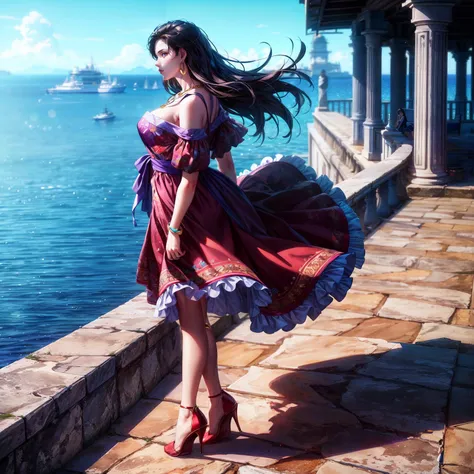 (Masterpiece, Best Quality, High Quality:1.4), professional artwork, Intricate Details, field of view, sharp focus, detailed painting, photorealistic lighting, trending on pixiv, (vivid lighting, vibrant colors:1.1), realistic shadows, ambient occlusion, lofi vibes,
LisaLisa, (mature female, milf:1.1), solo, standing near parapet, watching at sea, beautiful sky, perfect sea, summer, serenity, (full body shot, side view:1.1),
black hair, long hair, lipstick, makeup, ultra detail hair, ultra detail face, (blue|purple eyes:1.05), perfect eyes, perfect face, earrings,
(summer_dress:1.2), highheels, bare shoulders, necklace,
(Large Breasts:1.2), <lora:LisaLisa:0.85>, <lora:epi_noiseoffset2:1>, <lora:add_detail:1>
