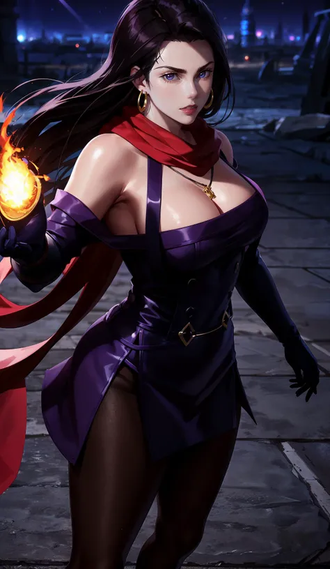 (Masterpiece, Best Quality, High Quality:1.4), professional artwork, Intricate Details, field of view, sharp focus, detailed painting, photorealistic lighting, trending on pixiv, (vivid lighting, vibrant colors:1.1), realistic shadows, ambient occlusion,
LisaLisa, (mature female, milf:1.1), solo, standing, posing, (battle stance:1.3), (epic background:1.3), night ruins, flaming background, (cowboy shot:1.15), looking at viewer, agressive glance,
black hair, long hair, (scarf:1.1), lipstick, makeup, ultra detail hair, ultra detail face, (blue|purple eyes:1.05), perfect eyes, perfect face, earrings,
(black pantyhose:1.1), higheels, off-shoulder, dress, miniskirt, bare shoulders, necklace, purple gloves,
(Large Breasts:1.2), big ass, <lora:LisaLisa:0.85>