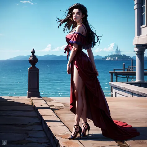 (Masterpiece, Best Quality, High Quality:1.4), professional artwork, Intricate Details, field of view, sharp focus, detailed painting, photorealistic lighting, trending on pixiv, (vivid lighting, vibrant colors:1.1), realistic shadows, ambient occlusion, lofi vibes,
LisaLisa, (mature female, milf:1.1), solo, standing near parapet, watching at sea, beautiful sky, perfect sea, summer, serenity, (full body shot, side view:1.1),
black hair, long hair, lipstick, makeup, ultra detail hair, ultra detail face, (blue|purple eyes:1.05), perfect eyes, perfect face, earrings,
(summer_dress:1.1), highheels, bare shoulders, necklace,
(Large Breasts:1.2), <lora:LisaLisa:0.85>, <lora:epi_noiseoffset2:1>, <lora:add_detail:1>