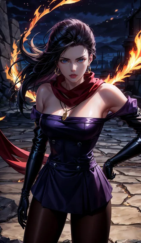 (Masterpiece, Best Quality, High Quality:1.4), professional artwork, Intricate Details, field of view, sharp focus, detailed painting, photorealistic lighting, trending on pixiv, (vivid lighting, vibrant colors:1.1), realistic shadows, ambient occlusion,
LisaLisa, (mature female, milf:1.1), solo, standing, posing, (battle stance:1.3), (epic background:1.3), night ruins, flaming background, (cowboy shot:1.15), looking at viewer, agressive glance,
black hair, long hair, (scarf:1.1), lipstick, makeup, ultra detail hair, ultra detail face, (blue|purple eyes:1.05), perfect eyes, perfect face, earrings,
(black pantyhose:1.1), higheels, off-shoulder, dress, miniskirt, bare shoulders, necklace, purple gloves,
(Large Breasts:1.2), big ass, <lora:LisaLisa:0.85>