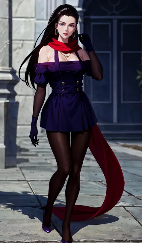 (Masterpiece, Best Quality, High Quality:1.4), professional artwork, Intricate Details, field of view, sharp focus, detailed painting, photorealistic lighting, trending on pixiv, (vivid lighting, vibrant colors:1.1), realistic shadows, ambient occlusion,
LisaLisa, (mature female, milf:1.1), solo, standing, posing, (Ultimate Form, Serene Confidence, Dynamic Stance, battle stance:1.2), (epic background:1.2), (full body shot:1.15), looking at viewer,
black hair, long hair, (scarf:1.1), lipstick, makeup, ultra detail hair, ultra detail face, (blue|purple eyes:1.05), perfect eyes, perfect face, earrings,
(black pantyhose:1.1), higheels, off-shoulder, dress, miniskirt, bare shoulders, necklace, purple gloves,
(Large Breasts:1.15), big ass, <lora:LisaLisa:0.95>