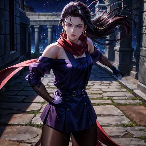 (Masterpiece, Best Quality, High Quality:1.4), professional artwork, Intricate Details, field of view, sharp focus, detailed painting, photorealistic lighting, trending on pixiv, (vivid lighting, vibrant colors:1.1), realistic shadows, ambient occlusion,
LisaLisa, (mature female, milf:1.1), solo, standing, posing, (battle stance:1.3), (epic background:1.3), night ruins, flaming background, (cowboy shot:1.15), looking at viewer, agressive glance,
black hair, long hair, (scarf:1.1), lipstick, makeup, ultra detail hair, ultra detail face, (blue|purple eyes:1.05), perfect eyes, perfect face, earrings,
(black pantyhose:1.1), higheels, off-shoulder, dress, miniskirt, bare shoulders, necklace, purple gloves,
(Large Breasts:1.2), big ass, <lora:LisaLisa:0.85>