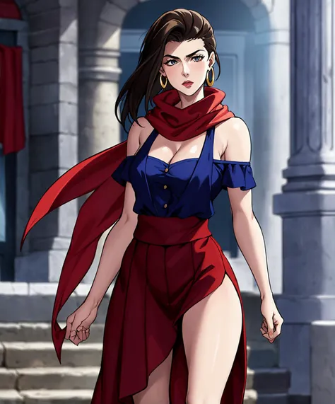 masterpiece, best quality, extreme detail, 1girl,red scarf, standing, posing , street ,cleavage, blue dress,hoop earrings, bare shoulders,skirt,<lora:LisaLisa:0.7>, LisaLisa, <lora:phantom_blood_battle_tendency:0.45>