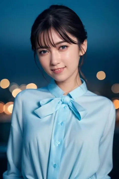 1girl,(wearing a light blue blouse:1.2),(RAW photo, best quality), (realistic, photo-realistic:1.4), masterpiece, an extremely delicate and beautiful, extremely detailed, 2k wallpaper, Amazing, finely detail, extremely detailed CG unity 8k wallpaper, ultra-detailed, highres, soft light, beautiful detailed girl, extremely detailed eyes and face, beautiful detailed nose, beautiful detailed eyes,cinematic lighting,city lights at night,perfect anatomy,slender body,smiling  <lora:kurosawatomoyo_lora:0.7>