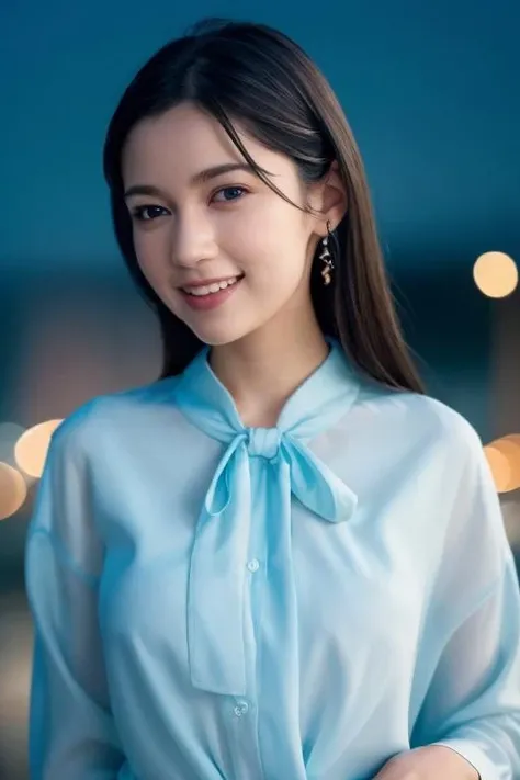 1girl,(wearing a light blue blouse:1.2),(RAW photo, best quality), (realistic, photo-realistic:1.4), masterpiece, an extremely delicate and beautiful, extremely detailed, 2k wallpaper, Amazing, finely detail, extremely detailed CG unity 8k wallpaper, ultra-detailed, highres, soft light, beautiful detailed girl, extremely detailed eyes and face, beautiful detailed nose, beautiful detailed eyes,cinematic lighting,city lights at night,perfect anatomy,slender body,smiling <lora:kurosawatomoyo_lora:0.7>