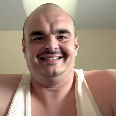 indoors, thick eyebrows, solo, brown hair, brown eyes, grin, joe prena, open mouth, closed eyes, mustache, very short hair, bald, upper body, mature male, nose, teeth, profile, transparent background, old, stubble, jacket, looking up, short hair, closed mouth, looking at viewer, 1man, smile, buzz cut, simple background, realistic, close-up, blue sky, zipper, facial hair, white background, cloud, ceiling, tan, ceiling light, sky, facing viewer, white tank top, day, caucasian