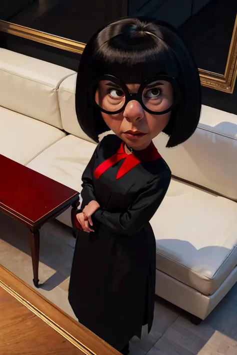 Edna, black bob cut, round black-framed eyewear, black eyes, black dress, red collar, looking at viewer, serious, standing, hands on hips, inside mansion living room, sofa, small table, from_above, high quality, masterpiece, <lora:Edna:.8>