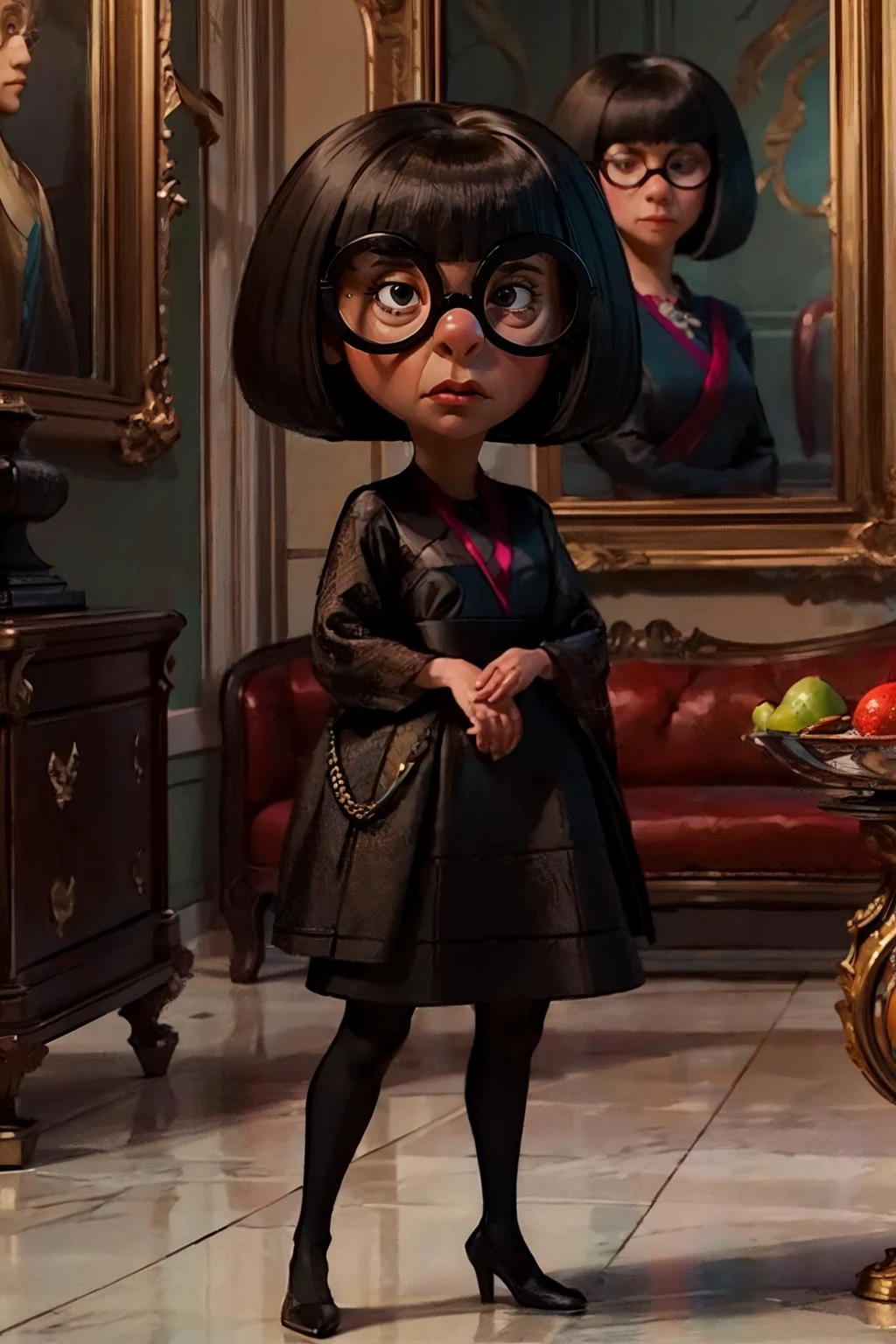 Edna, black bob cut, round black-framed eyewear, black eyes, blunt bangs, black dress, looking at viewer, serious, standing, inside a mansion living room, high quality, masterpiece, <lora:Edna:.8>