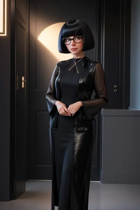 cinematic composition, professional full body shot photo of Edna, black bob cut, round black-framed eyewear, black eyes, cinematic lighting, (older woman:1.15), looking at viewer,
detailed skin, detailed eyes, finely detailed hair,
volumetric light, highrez, masterpiece, best quality,
<lora:Edna-10v3:0.45:MIDD>