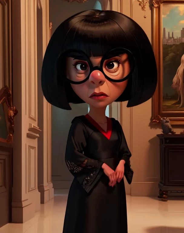 Edna, black bob cut,round black-framed eyewear,black eyes,blunt bangs, solo,
upper body, black dress, red V-neck, large mansion, indoors, 
standing, serious, 
cityscape, 
(insanely detailed, beautiful detailed face,beautiful detailed eyes, masterpiece, best quality)  solo,  <lora:Edna-10v6:0.9>