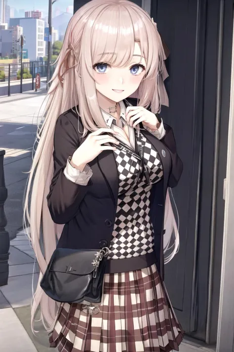 smile, checkered shirt, open jacket, plain skirt, pleated skirt, large breasts, rei hatada, <lora:orzcan-09:0.6>, <lora:reihatada-10:0.6>