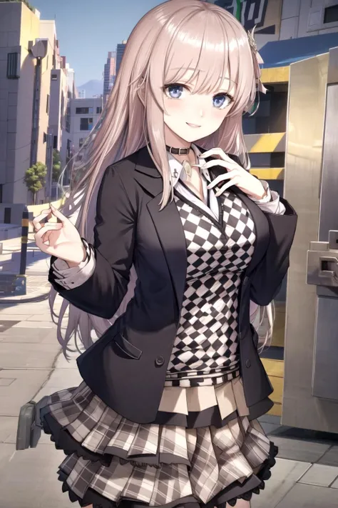 smile, checkered shirt, open jacket, plain skirt, pleated skirt, large breasts, rei hatada, <lora:orzcan-09:0.6>, <lora:reihatada-10:0.6>