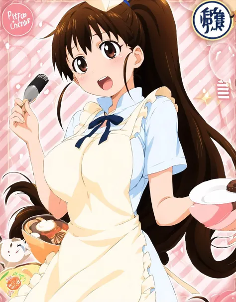((Best Quality、8k、masterpiece))、((One girl))、((cute))、A big smile、Blushing、Mouth open、Brown Hair、One knot、Ultra detailed face、Ultra-detailed eyes、Ultra detailed hair、apron、kitchen