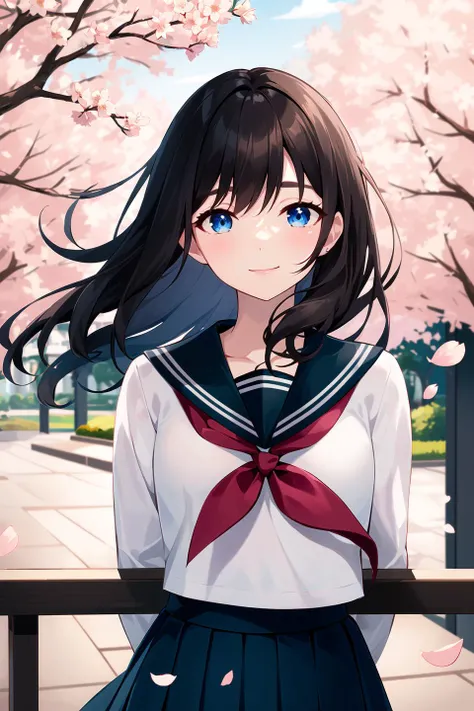 (upper_body:1.5), close-up, cherry_blossoms, outdoors, day, spring_\(season\), 1girl, smile, solo, bangs, blue_eyes, blush, closed_mouth, looking_at_viewer, long_hair, brown_hair, branch, eyebrows_visible_through_hair, floating_hair,hair_between_eyes, blue_sailor_collar, serafuku, long_sleeves, neckerchief, pleated skirt, pink_flower, petals, tree, white_shirt, wind, railing, sky <lora:style_OriginalPicture:-0.5>