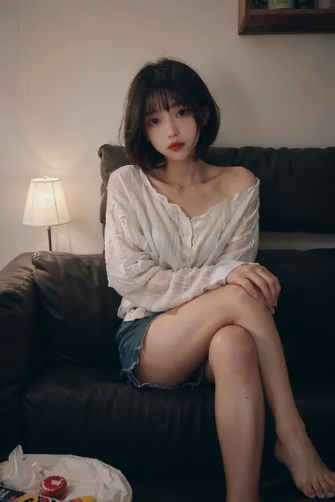 1girl,sitting on a cozy couch,crossing legs,soft light,short hair,<lora:CandyttV2:0.5>candytt