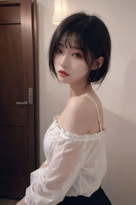 1girl, secret rendezvous, sheer blouse, short hair,small breast, sultry dark eyes, <lora:CandyttV2:0.45>candytt