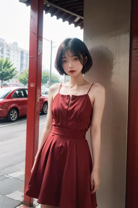((best quality, 8k, masterpiece: 1.3)), Focus: 1.2, Perfect body beauty: 1.4, buttock: 1.2, ((Laminated haircut)), (Wet clothes: 1.1), (Rain, street:1.3), Tulle Fabric, Plain skirt, (Red dress: 1.2), Soft style, The surface of the skin and face has many details, Delicate eyes, Double eyelids, White, Long and curly hair, (Shut up: 1.5), Bare-shoulders, Cherry blossoms in the background, Selfie angle camera