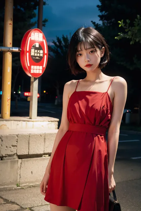 <lora:candytt:1>,photograph, photorealistic,candytt,short hair,solo, outdoor, candytt in a red dress,