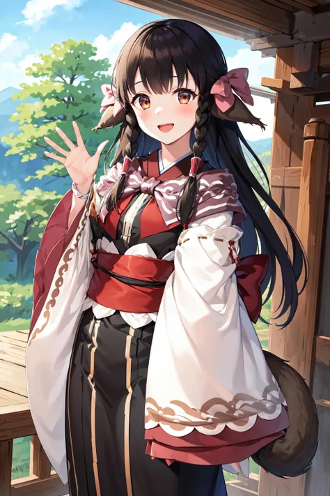 masterpiece, best quality, highres, aarurutie,1girl, long hair, twin braids, hair bow, animal ears, tail, sash, japanese clothes, long sleeves, sleeves past wrists, obi, <lora:rurutie_v1:0.7>, smile, open mouth, standing, cowboy shot, waving,