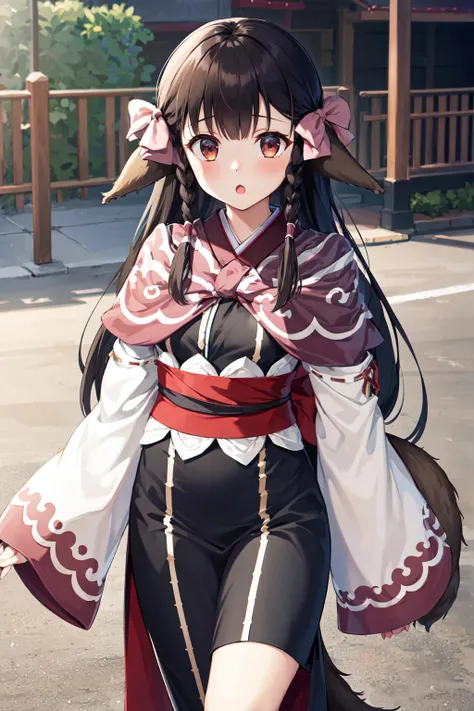 masterpiece, best quality, highres, aarurutie,1girl, long hair, twin braids, hair bow, animal ears, tail, sash, japanese clothes, long sleeves, sleeves past wrists, obi, <lora:rurutie_v1:0.7>, walking, cowboy shot, street, :o