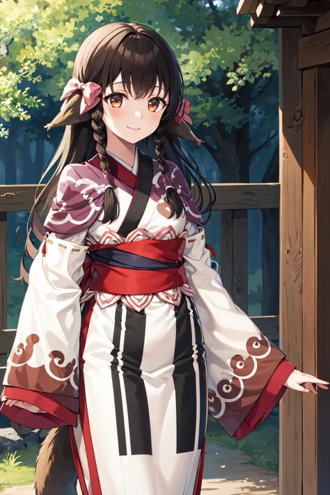 masterpiece, best quality, highres, aarurutie,1girl, long hair, twin braids, hair bow, animal ears, tail, sash, japanese clothes, long sleeves, sleeves past wrists, obi, <lora:rurutie_v1:0.7>, standing, cowboy shot outdoors, smile,
