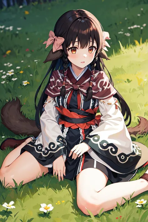 (Fox Girl, Fox Ears, Black colored hair, Fox Makeup, One Girl, Long Hair:1.6), (kimono, Kimono with open chest, A beautiful kimono with red and black patterns, I can see her cleavage, Open chest, Exposed skin:1.8), (Body measurements are 75-60-75!, Young girl body, Small breasts, Small breasts, Emphasize the chest, Knees are slightly visible, Muscular, Abdominal muscles, Hide your own chest with your hands:1.9), Avatar, face, lewd face, Dominant representation, naughty face, Uplifting, Skin Texture, outside, Grassy field