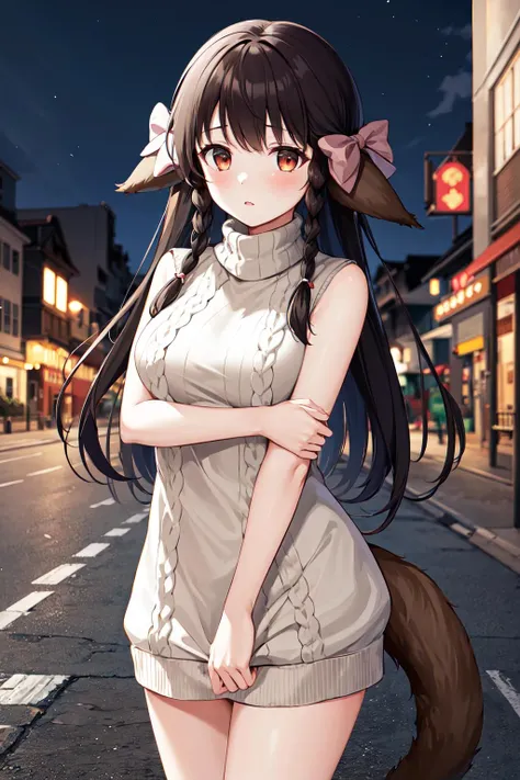 masterpiece, best quality, highres, aarurutie,1girl, long hair, twin braids, hair bow, animal ears, tail, <lora:rurutie_v1:0.7>, sweater dress, turtleneck, sleeveless, standing, street, night,