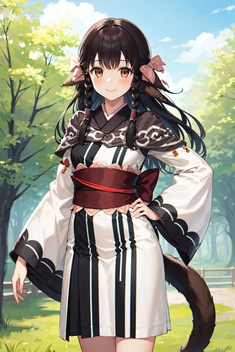 masterpiece, best quality, highres, aarurutie,1girl, long hair, twin braids, hair bow, animal ears, tail, sash, japanese clothes, long sleeves, sleeves past wrists, obi, <lora:rurutie_v1:0.7>, standing, cowboy shot outdoors, smile,