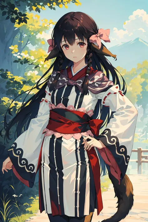 aarurutie,1girl, long hair, twin braids, hair bow, animal ears, tail, sash, japanese clothes, long sleeves, sleeves past wrists, obi,
(masterpiece, best quality, perfect composition, 1girl, solo:1.2),
standing, cowboy shot, outdoors, looking at viewer,
<lora:rurutie_v1:0.7>,