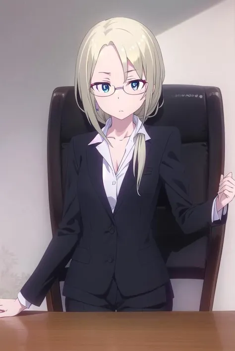 christinawakoyamato, <lora:christina wako yamato s2-lora-nochekaiser:1>,
christina wako yamato, long hair, blue eyes, blonde hair, (green eyes:1.3), glasses, hair over shoulder, semi-rimless eyewear, low ponytail, under-rim eyewear,
BREAK shirt, collarbone, jacket, white shirt, pants, black jacket, black pants, formal, suit, office lady, pant suit,
BREAK indoors, office,
BREAK looking at viewer, (cowboy shot:1.5),
BREAK <lyco:GoodHands-beta2:1>, (masterpiece:1.2), best quality, high resolution, unity 8k wallpaper, (illustration:0.8), (beautiful detailed eyes:1.6), extremely detailed face, perfect lighting, extremely detailed CG, (perfect hands, perfect anatomy),