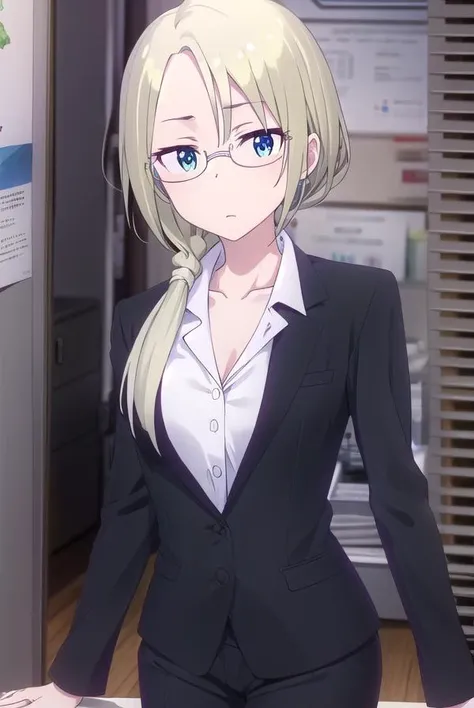 christinawakoyamato, <lora:christina wako yamato s2-lora-nochekaiser:1>,
christina wako yamato, long hair, blue eyes, blonde hair, (green eyes:1.3), glasses, hair over shoulder, semi-rimless eyewear, low ponytail, under-rim eyewear,
BREAK shirt, collarbone, jacket, white shirt, pants, black jacket, black pants, formal, suit, office lady, pant suit,
BREAK indoors, office,
BREAK looking at viewer, (cowboy shot:1.5),
BREAK <lyco:GoodHands-beta2:1>, (masterpiece:1.2), best quality, high resolution, unity 8k wallpaper, (illustration:0.8), (beautiful detailed eyes:1.6), extremely detailed face, perfect lighting, extremely detailed CG, (perfect hands, perfect anatomy),