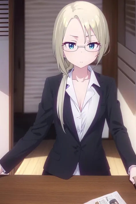christinawakoyamato, <lora:christina wako yamato s2-lora-nochekaiser:1>, 
christina wako yamato, long hair, blue eyes, blonde hair, (green eyes:1.3), glasses, hair over shoulder, semi-rimless eyewear, low ponytail, under-rim eyewear,
BREAK shirt, collarbone, jacket, white shirt, pants, black jacket, black pants, formal, suit, office lady, pant suit,
BREAK indoors, office,
BREAK looking at viewer, (cowboy shot:1.5),
BREAK <lyco:GoodHands-beta2:1>, (masterpiece:1.2), best quality, high resolution, unity 8k wallpaper, (illustration:0.8), (beautiful detailed eyes:1.6), extremely detailed face, perfect lighting, extremely detailed CG, (perfect hands, perfect anatomy),
