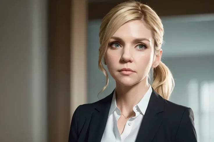 Kim Wexler, 8k, RAW photo, best quality, masterpiece, realistic, indoor, black suit and white shirt, light on face, <lora:kim_wexler:1>, blonde hair, ponytail, portrait