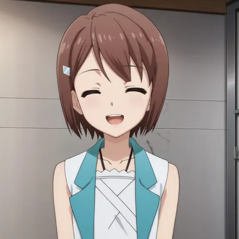 <lora:KasukabeYouXLpony001>,
looking at viewer,smile,open mouth,closed eyes,
solo,
KasukabeYou,1girl,brown hair,short hair,
hairclip,
coat,sleeveless,