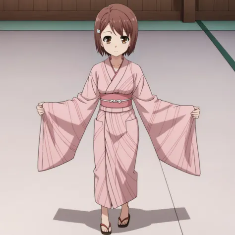 <lora:KasukabeYouXLpony001>,
looking at viewer,
solo,
KasukabeYou,1girl,brown hair,short hair,brown eyes,
hairclip,
pink yukata,
full body,standing,