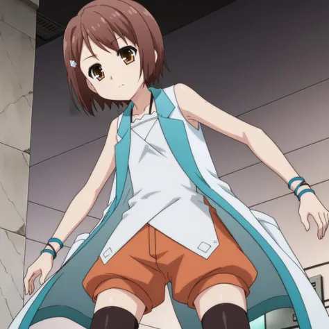 <lora:KasukabeYouXLpony001>,
looking at viewer,
solo,
KasukabeYou,1girl,brown hair,short hair,brown eyes,
hairclip,
coat,sleeveless,
orange shorts,
black thighhighs,
boots,
wristband,
full body,standing,from below,