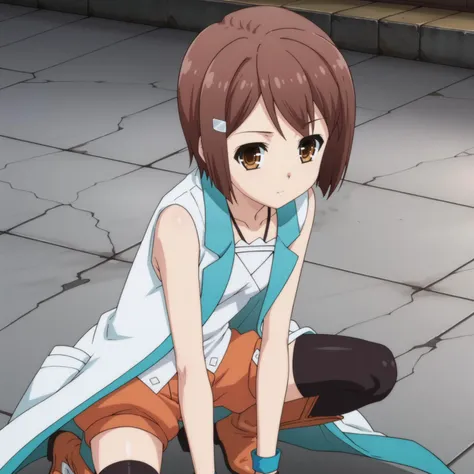 <lora:KasukabeYouXLpony001>,
looking at viewer,
solo,
KasukabeYou,1girl,brown hair,short hair,brown eyes,
hairclip,
coat,sleeveless,
orange shorts,
black thighhighs,
boots,
wristband,
squatting,