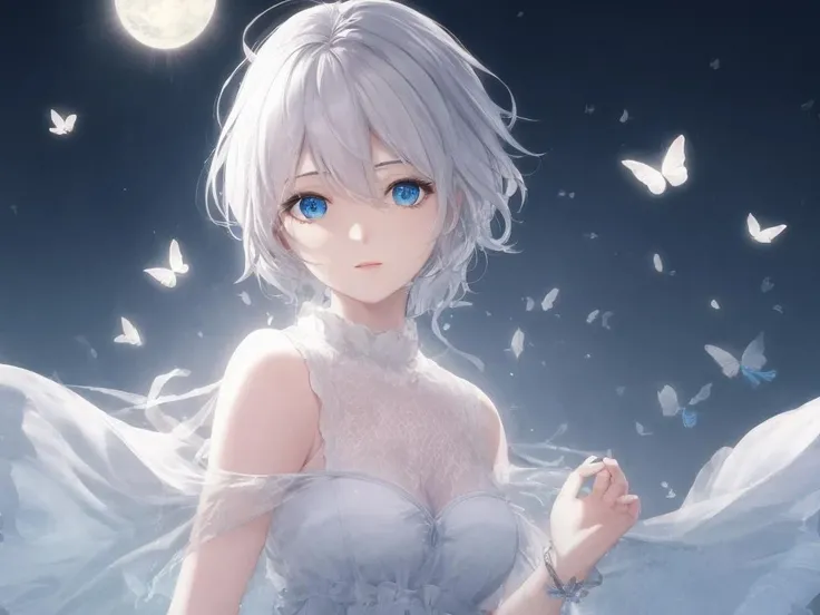 art by Cornflower, dreamy,original, (masterpiece), (illustration), (extremely fine and beautiful), (perfect details), (unity CG 8K wallpaper:1.05), (beautiful and clear background:1.25), (depth of field:0.7),1girl,yanhe. (detailed beautiful eyes:1.3), (beautiful face:1.3),(hair blowing with the wind:1.1), (blue eye:1.1), butterflys flying around, (moon light:0.6), tree, (summer), (night:1.2), (close-up:0.35), (gloves:0.8), solo, <lora:yanhe-000012:1>