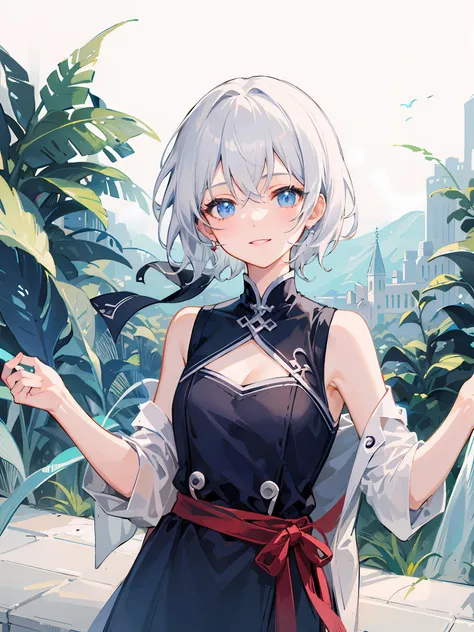 masterpiece,best quality,1girl,yanhe,solo,short hair,white hair,garden,outdoors,<lora:yanhe-000006:1>,close-up,smile,