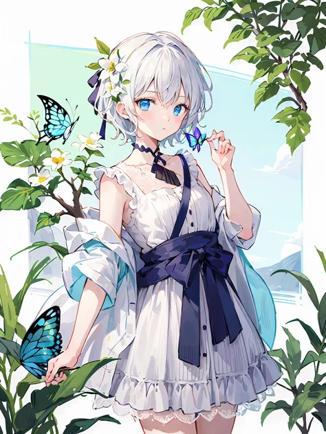 super fine illustration,masterpiece,best quality,1girl,yanhe,flower,short hair,white hair,<lora:yanhe-000006:1>,flower,butterfly,flowers tire,cattered leaves,branch,