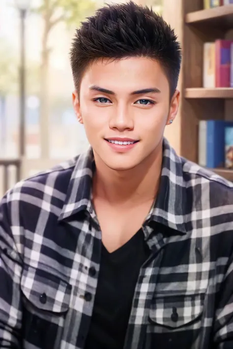 ((masterpiece)), ((best quality:1.2)), High Resolution, 8k, (ultra_realistic:1.3), (photorealistic:1.4), (instagram model, handsome:1.2), sharp focus, a close up photo of (Ronnie Alonte, ronniealontekm), wearing plaid clothes, in the park, outdoors, shelves with books in the background, smile, <lora:RonnieAlonteKM:0.8>