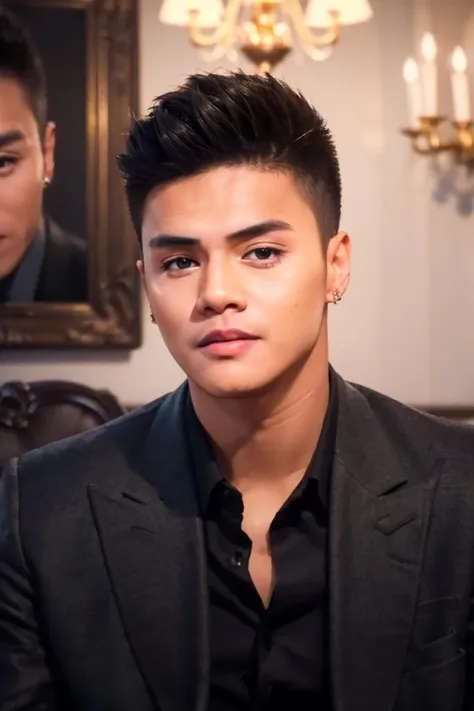 ((masterpiece)), ((best quality:1.2)), High Resolution, 8k, (ultra_realistic:1.3), (photorealistic:1.4), (instagram model, handsome:1.2), sharp focus, a close up photo of (Ronnie Alonte, ronniealontekm), wearing formal black jacket, indoors, expensive house interior, chandeliers, golden lights, ((looking at viewer)), <lora:RonnieAlonteKM:0.8>