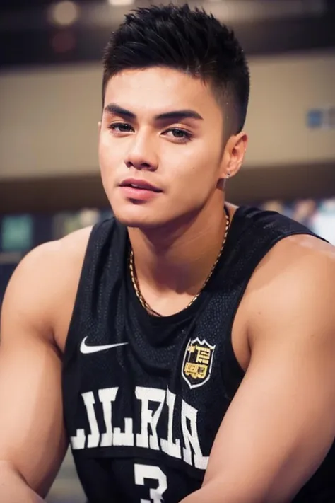 ((masterpiece)), ((best quality:1.2)), High Resolution, 8k, (ultra_realistic:1.3), (photorealistic:1.4), (instagram model, handsome:1.2), sharp focus, a close up photo of (Ronnie Alonte, ronniealontekm), wearing basketball jersey, indoors, stadium, playing basketball, audience filling the empty seats, ((looking at viewer)), <lora:RonnieAlonteKM:0.8>